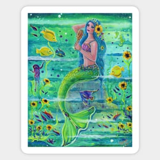 Sunny Sea mermaid" with tropical fish in the ocean copyright Renee L Lavoie Sticker